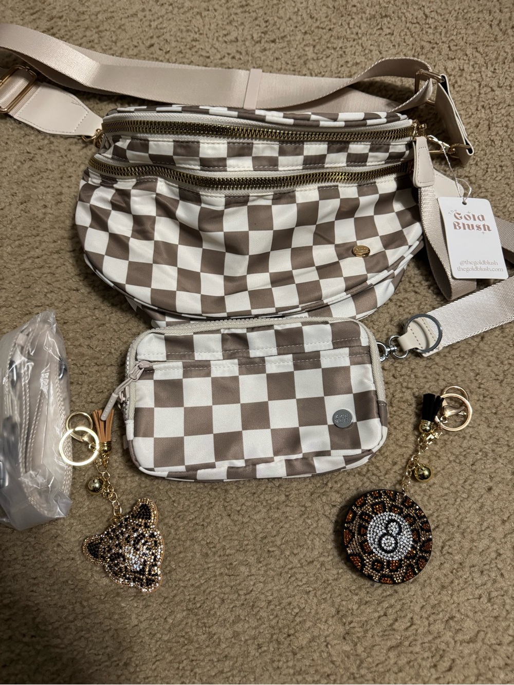 Gold blush khaki checkered bag and dual mode with charms